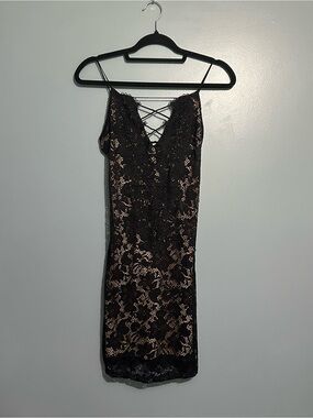 Active USA - Black Lace Slip Dress with Nude Underlay - Medium